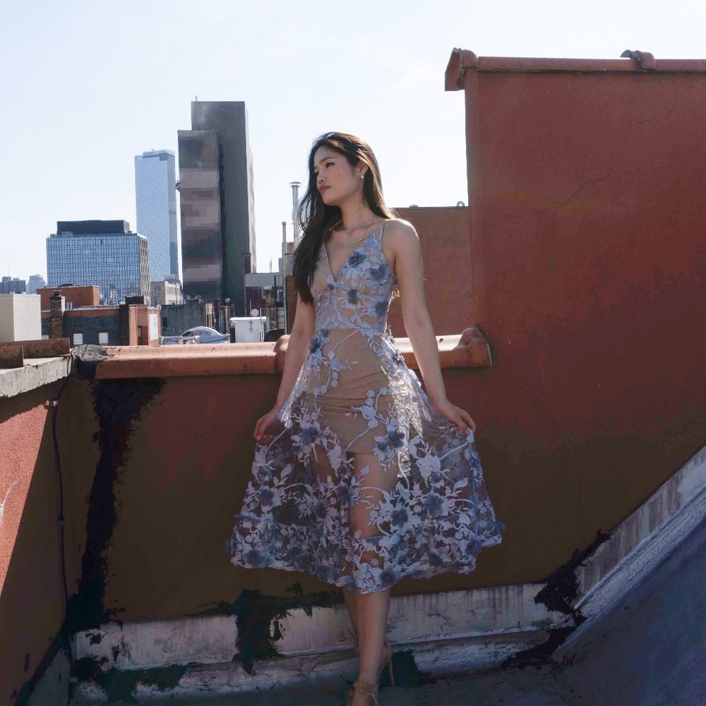 Dress the Population nude dress with blue embellishments and lace